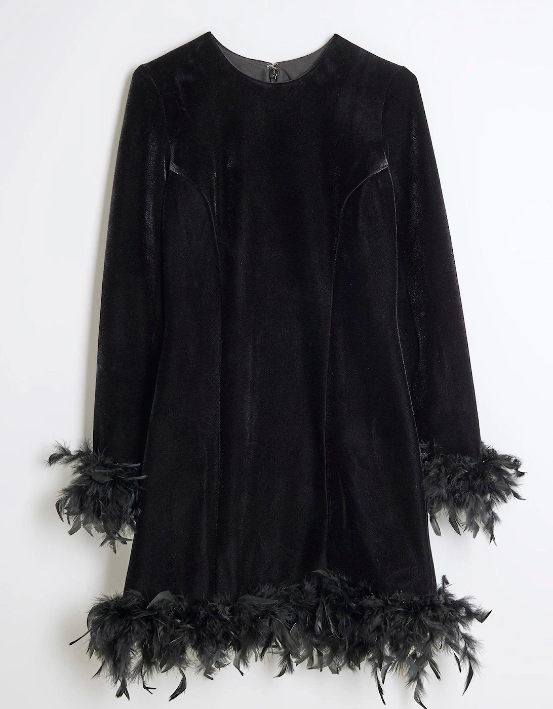 Velvet Feather Hem Dress - Black