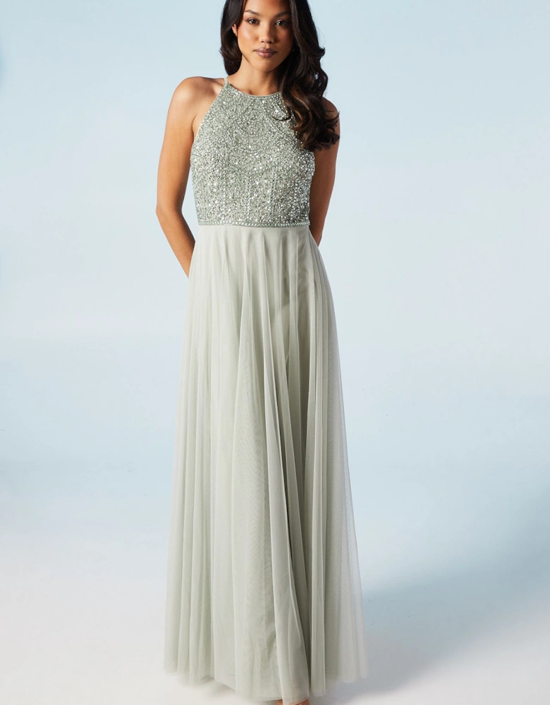 Mixed Gem Halterneck Tulle Skirt Bridesmaid Dress