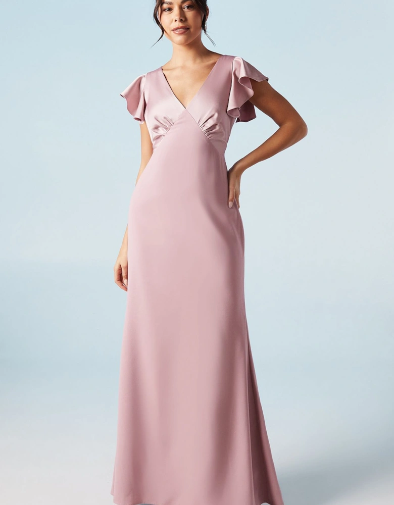 V Neck Angel Sleeve Satin Bridesmaids Dress