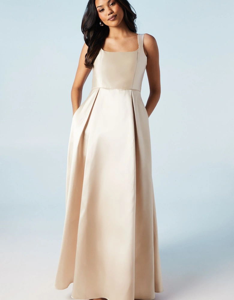 Scoop Neck Full Skirted Twill Bridesmaids Dress