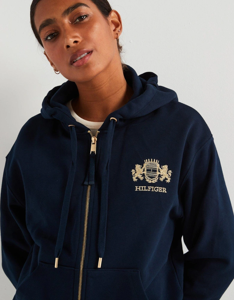 Varsity Crest Logo Zip Through Hoodie - Navy