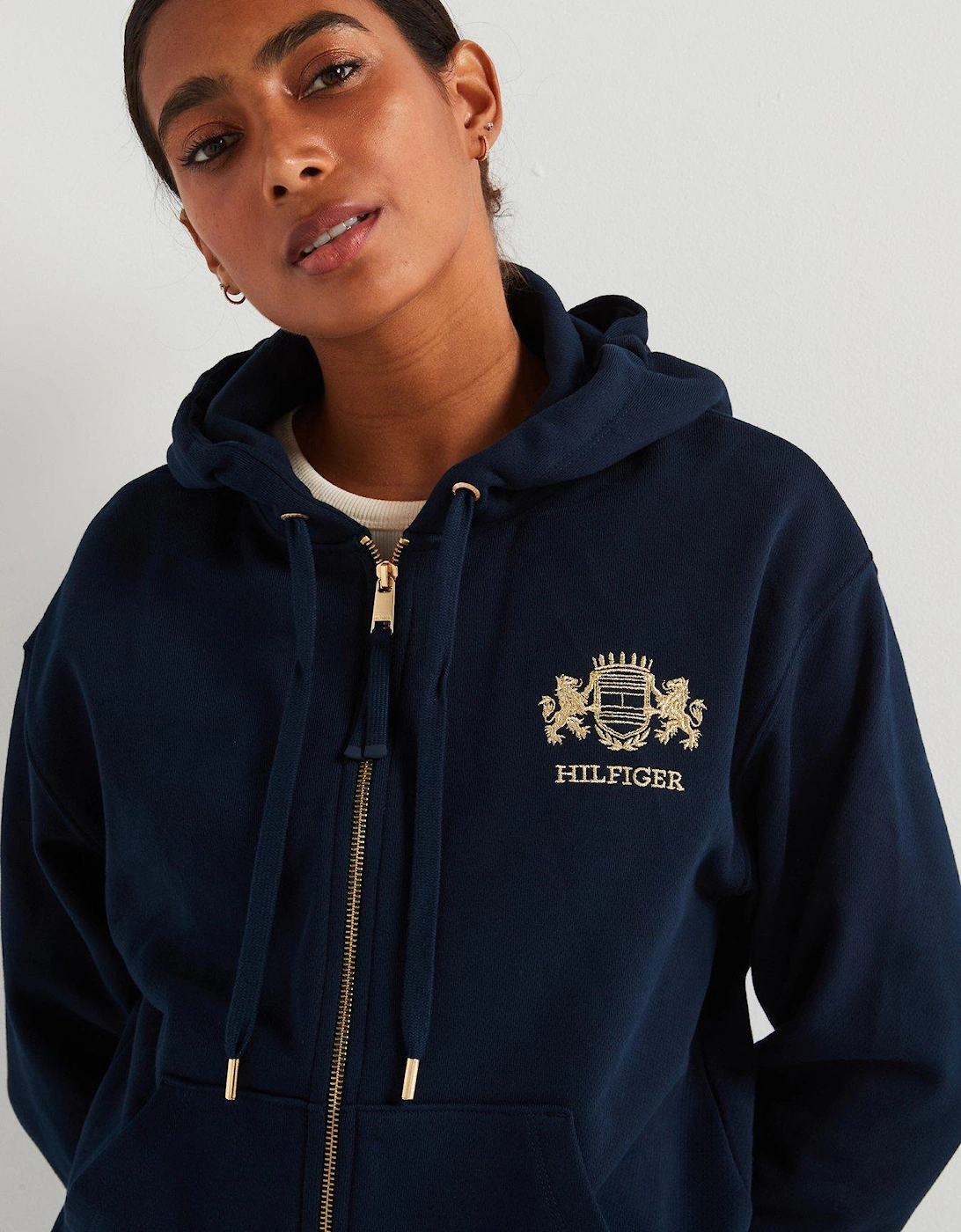 Varsity Crest Logo Zip Through Hoodie - Navy