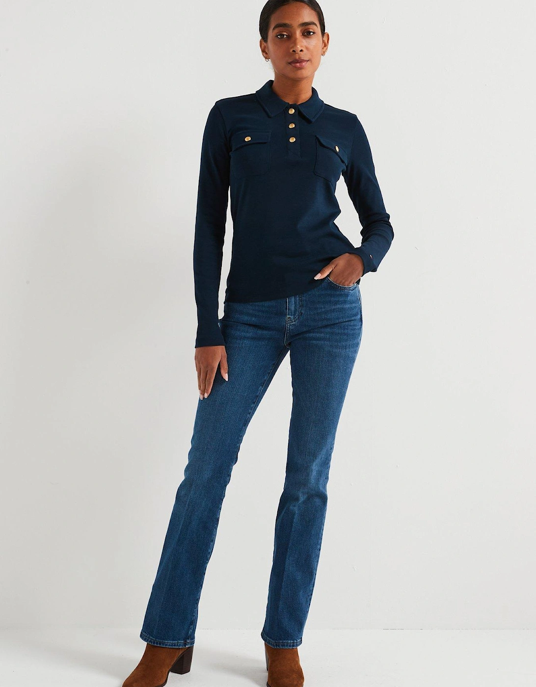 Slim Fit Long Sleeve Polo Top - Navy