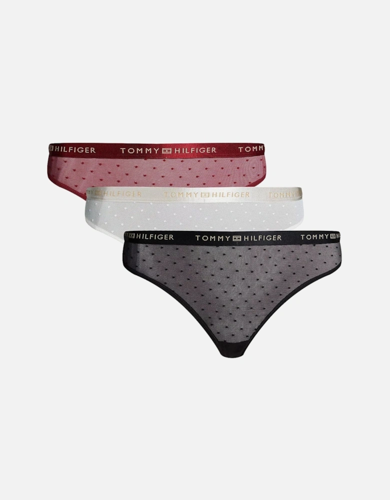 3-Pack Polka Dot Mesh Thongs Gift Set, Ivory/Rouge/Black