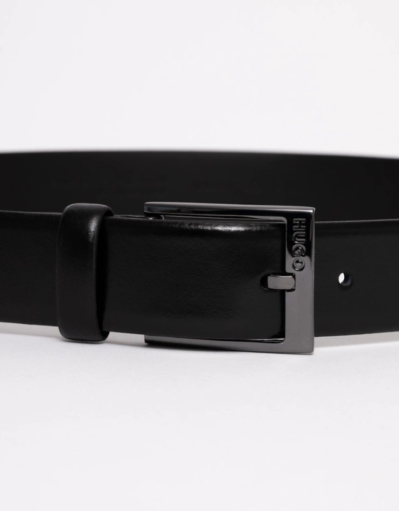 HUGO Garney Mens Italian-Leather Belt with Polished Gunmetal Hardware