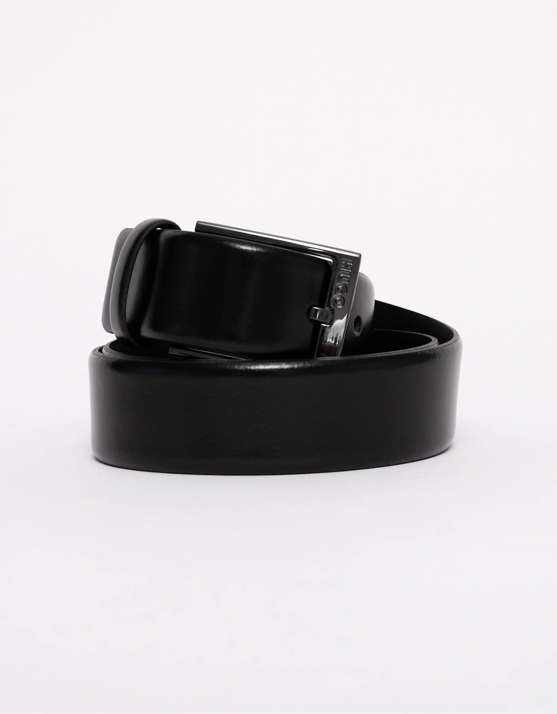 HUGO Garney Mens Italian-Leather Belt with Polished Gunmetal Hardware