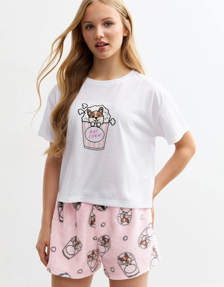 Girls White Pupcorn Print Fleece Short Pyjama Set