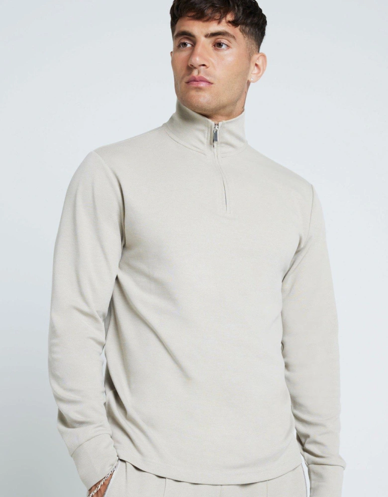 Slim Smart Pique Funnel Neck 1/4 Zip Sweat - Beige
