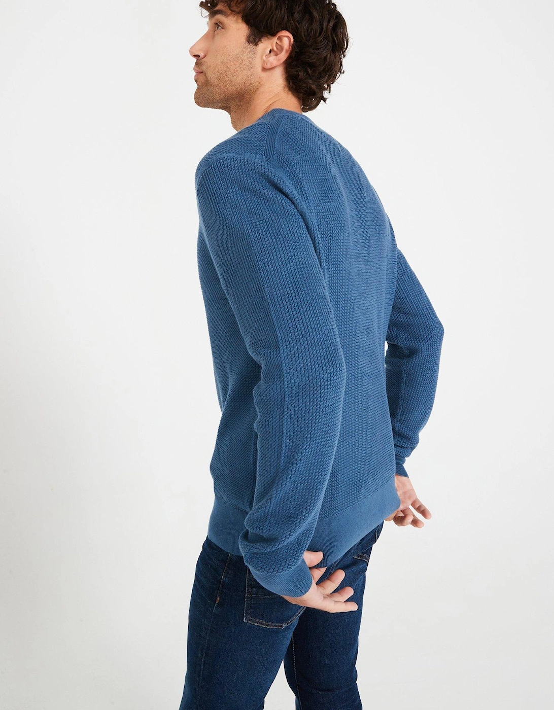 Structure Textured Crew Neck Knitted Jumper - Blue