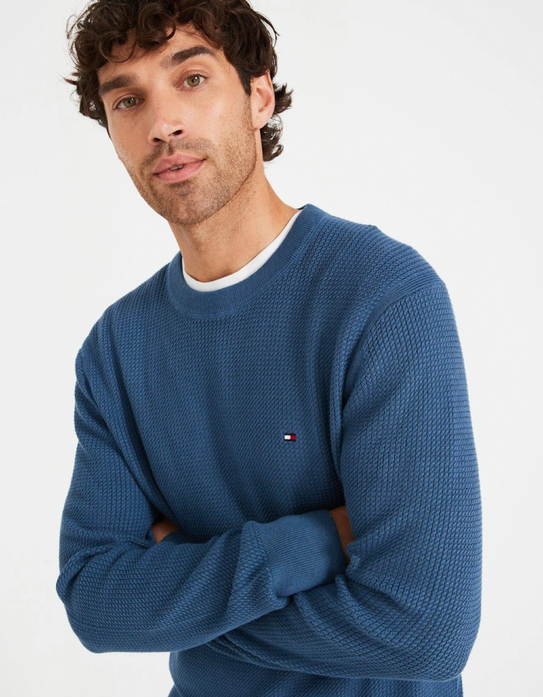 Structure Textured Crew Neck Knitted Jumper - Blue