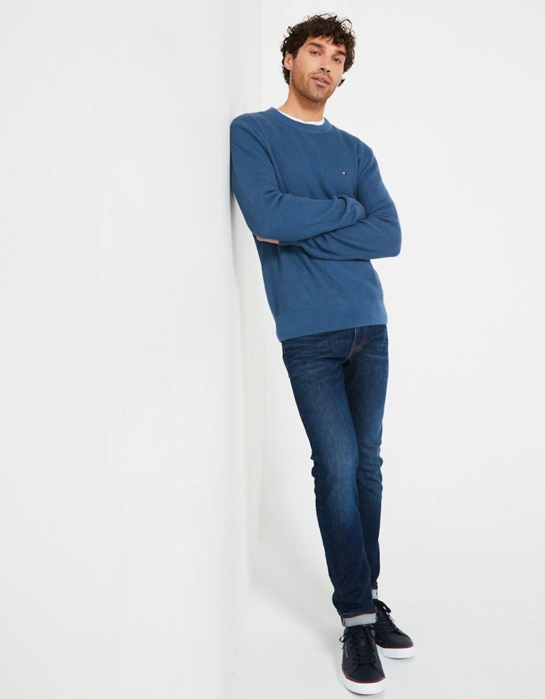 Structure Textured Crew Neck Knitted Jumper - Blue
