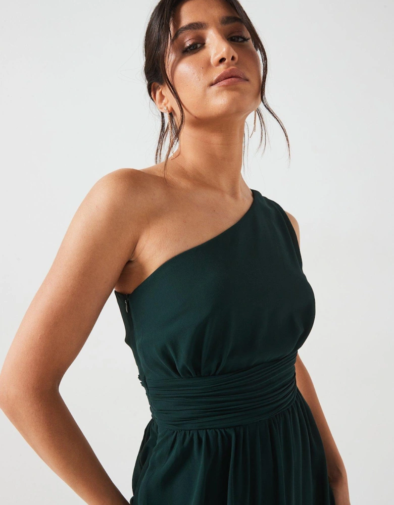 One Shoulder Pleated Chiffon Bridesmaid Dress - Emerald - Green