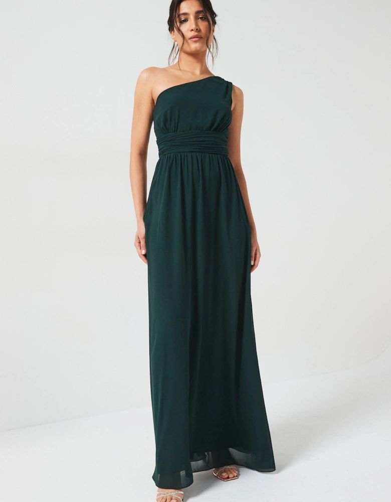 One Shoulder Pleated Chiffon Bridesmaid Dress - Emerald - Green