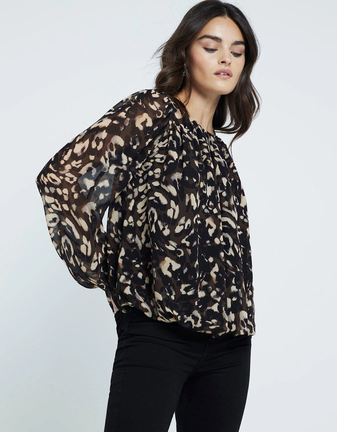 Animal Gathered Bubble Blouse - Black