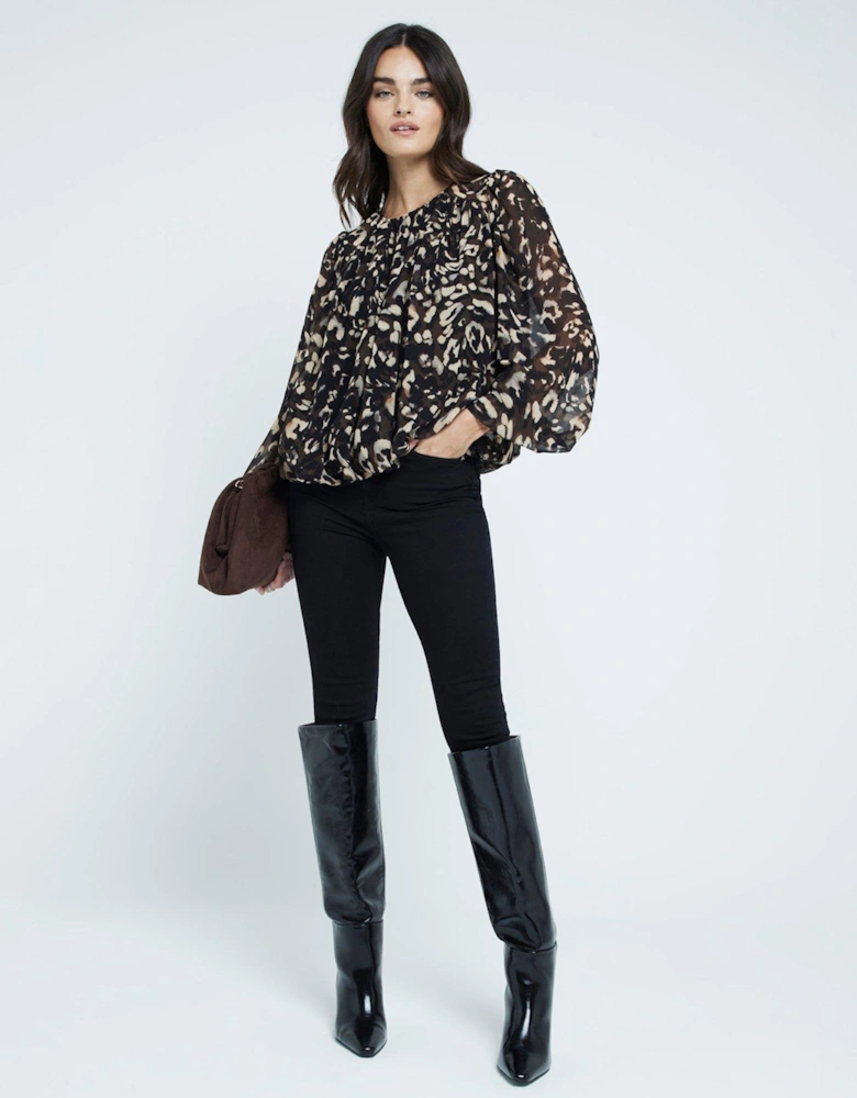 Animal Gathered Bubble Blouse - Black