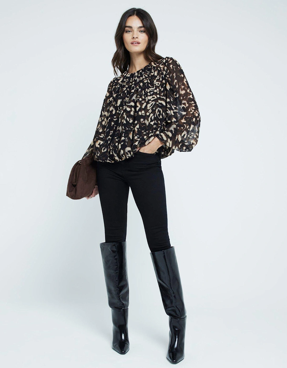 Animal Gathered Bubble Blouse - Black