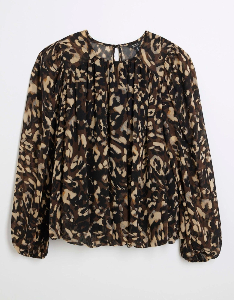 Animal Gathered Bubble Blouse - Black