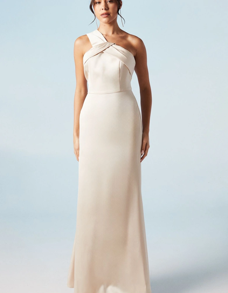 Asymmetric Neckline Satin Bridesmaids Maxi Dress