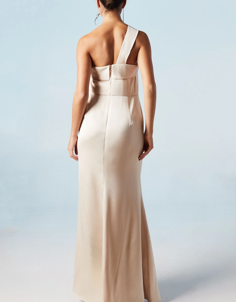 Asymmetric Neckline Satin Bridesmaids Maxi Dress