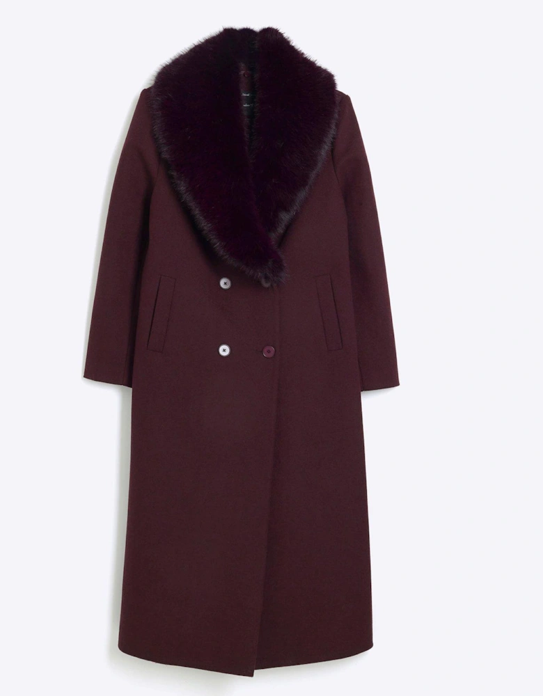 Faux Fur Collar Double Breasted Coat - Dark Red