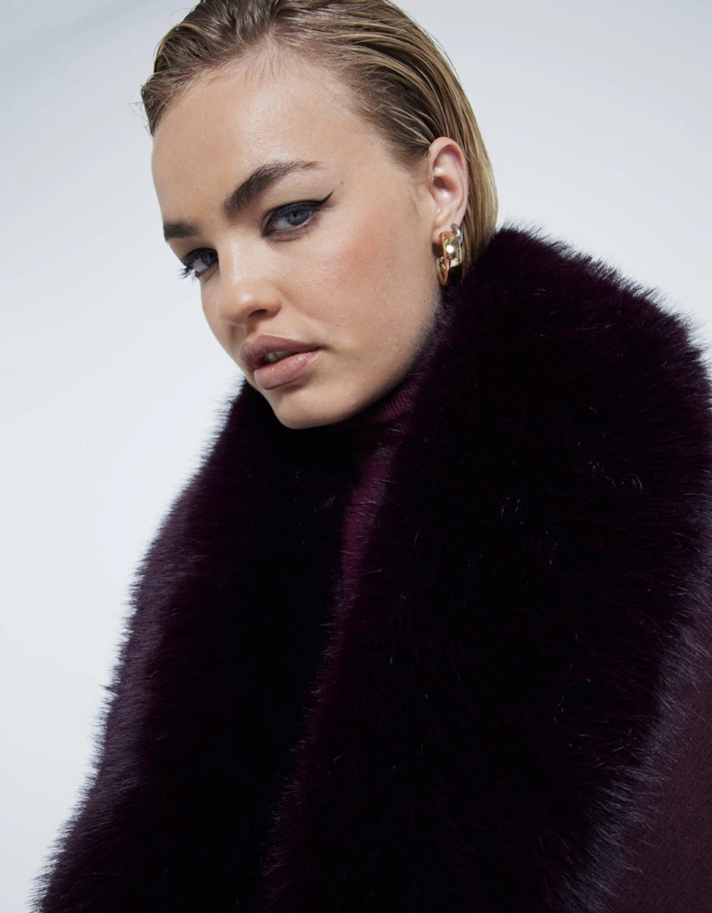 Faux Fur Collar Double Breasted Coat - Dark Red