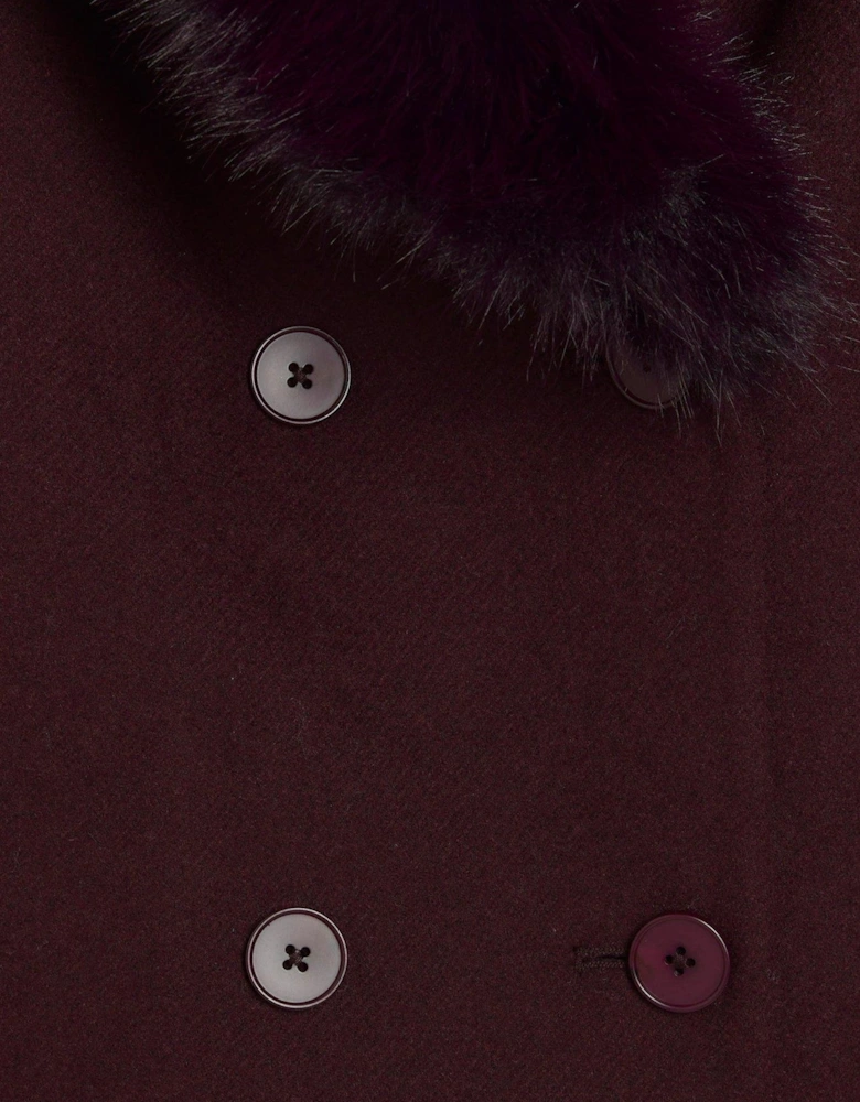 Faux Fur Collar Double Breasted Coat - Dark Red