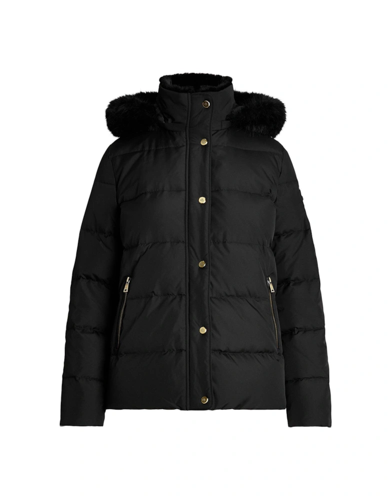 Faux Fur Trim Puffer Jacket - Black