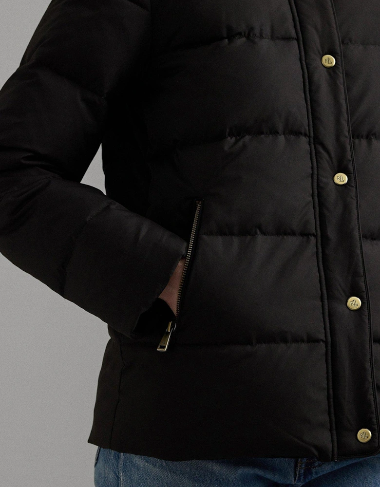 Faux Fur Trim Puffer Jacket - Black