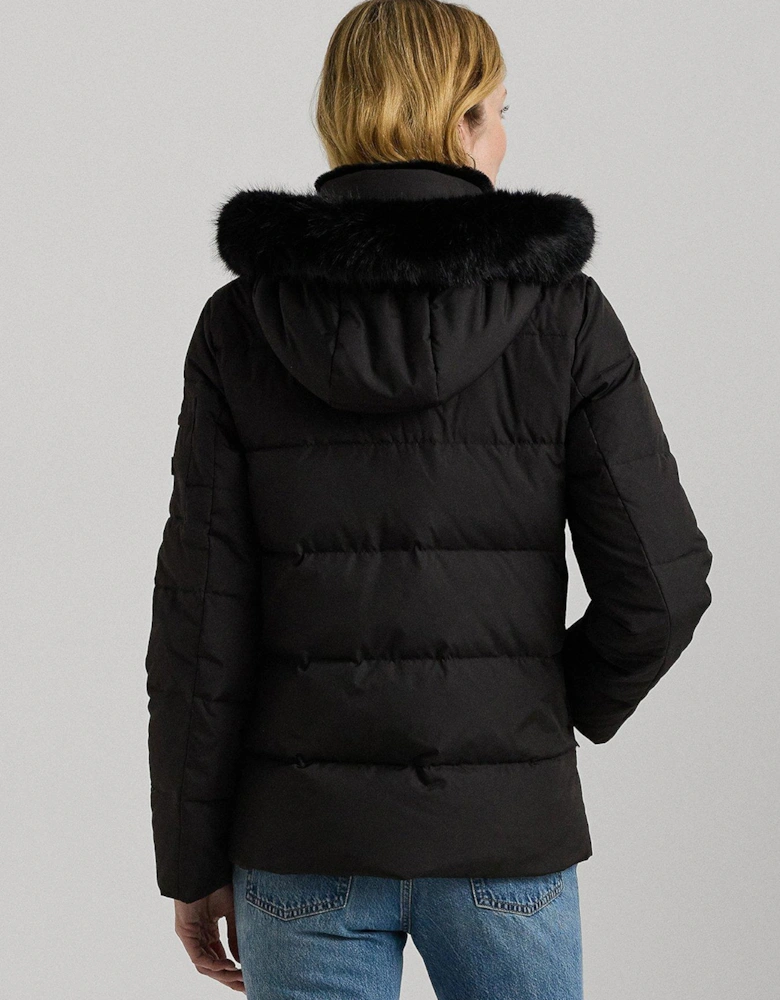 Faux Fur Trim Puffer Jacket - Black