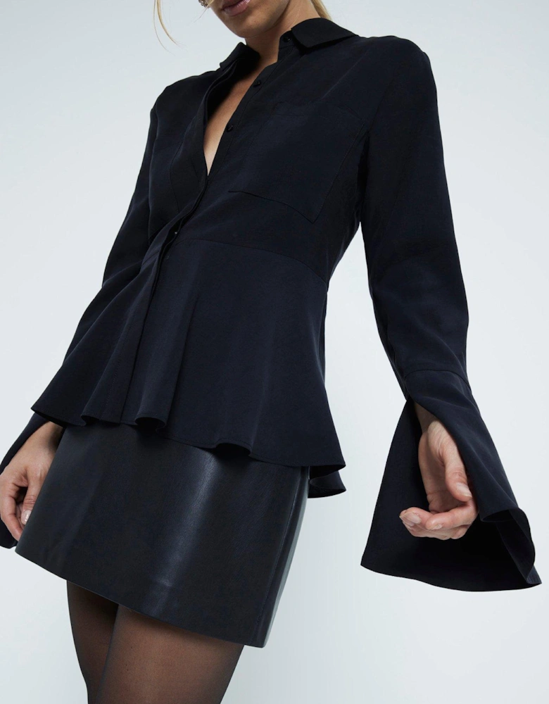 Peplum Split Sleeve Blouse - Black