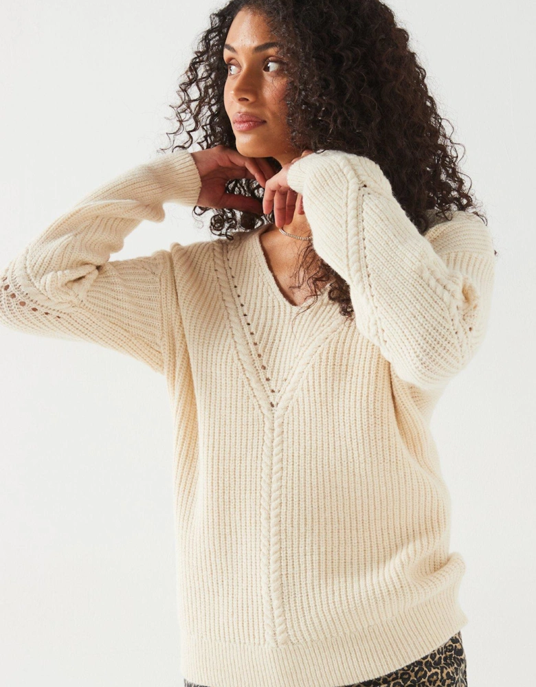 V Neck Stitch Detail Jumper - Natural