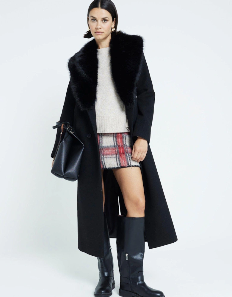 Faux Fur Collar Double Breasted Coat - Black