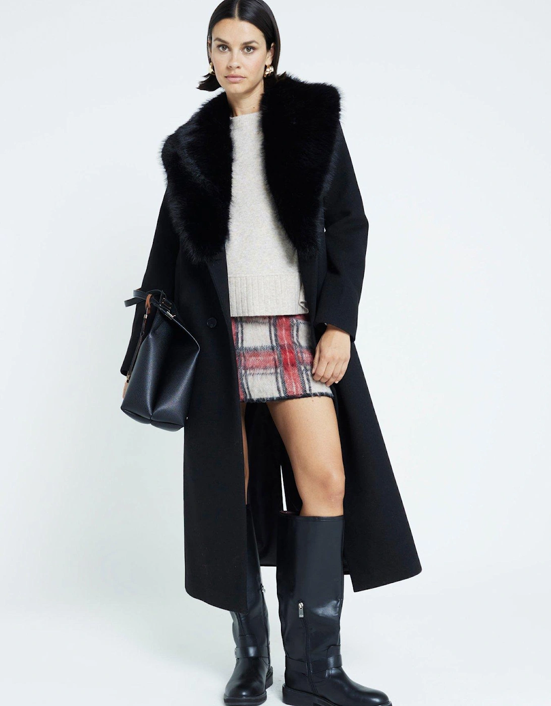 Faux Fur Collar Double Breasted Coat - Black