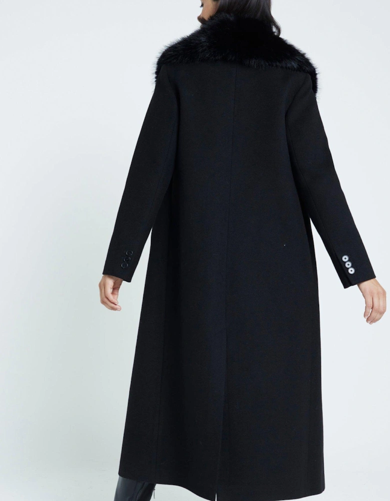 Faux Fur Collar Double Breasted Coat - Black