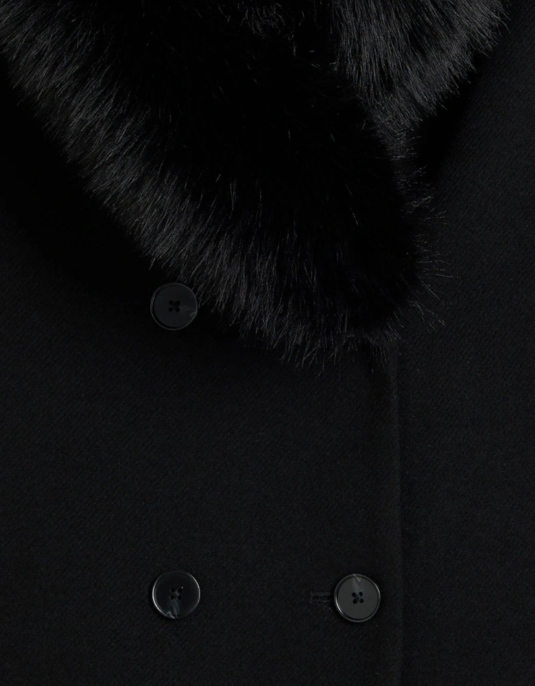 Faux Fur Collar Double Breasted Coat - Black