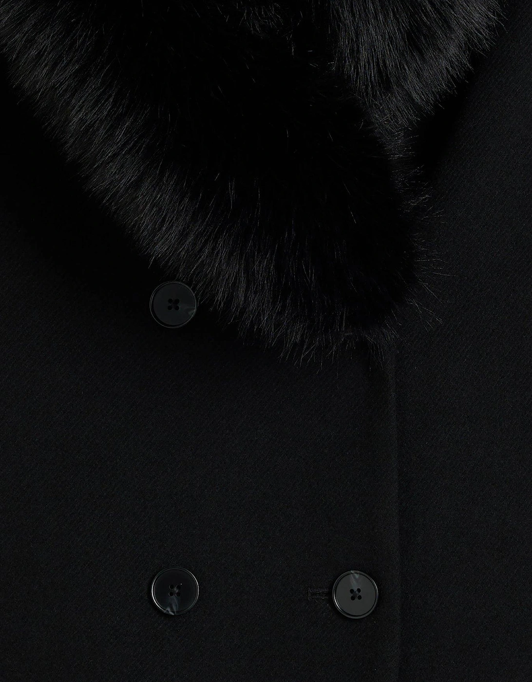 Faux Fur Collar Double Breasted Coat - Black