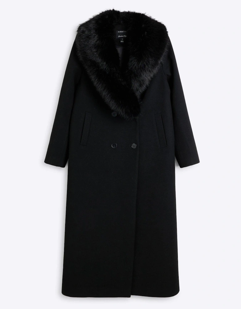 Faux Fur Collar Double Breasted Coat - Black