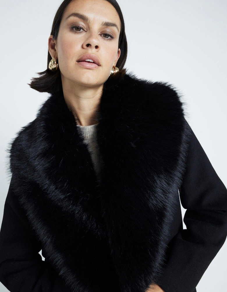 Faux Fur Collar Double Breasted Coat - Black