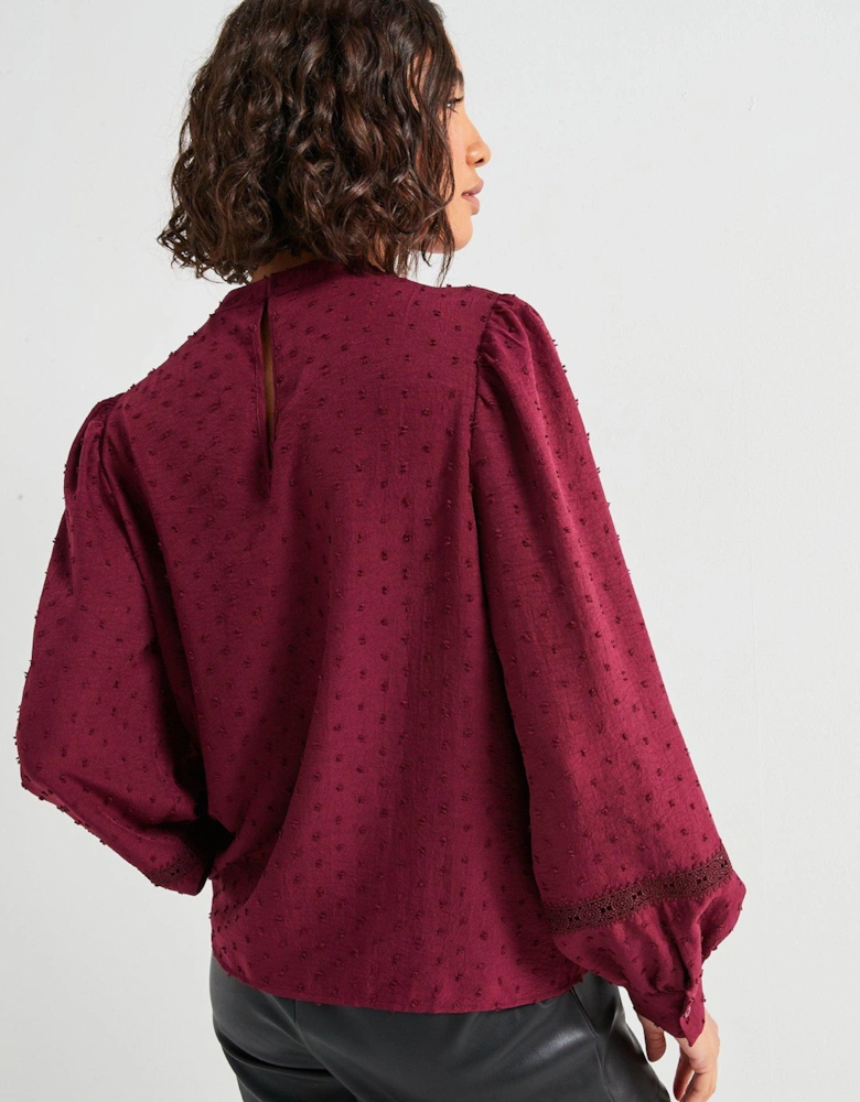 Dobby Lace High Neck Blouse - Maroon