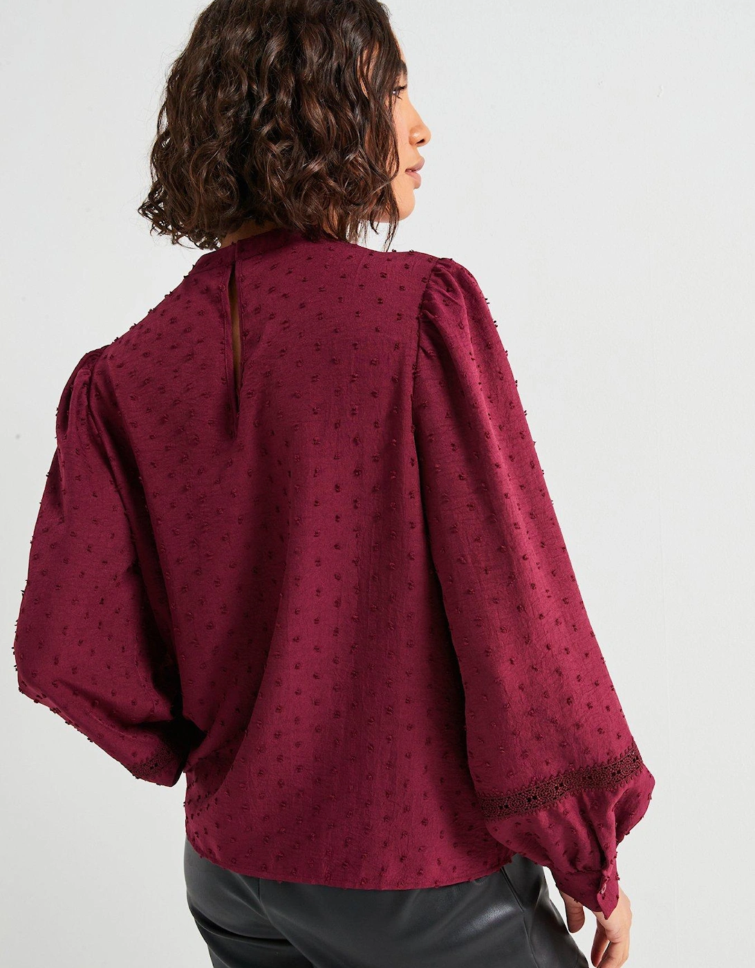 Dobby Lace High Neck Blouse - Maroon