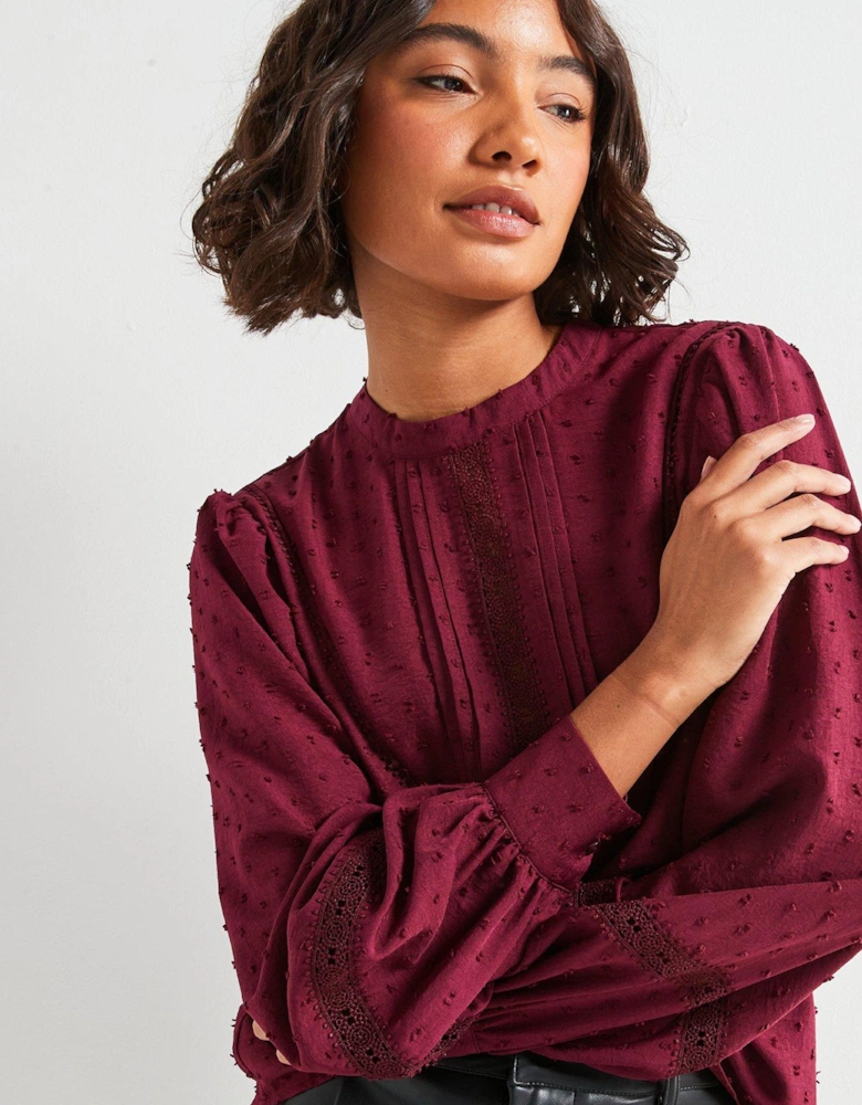 Dobby Lace High Neck Blouse - Maroon