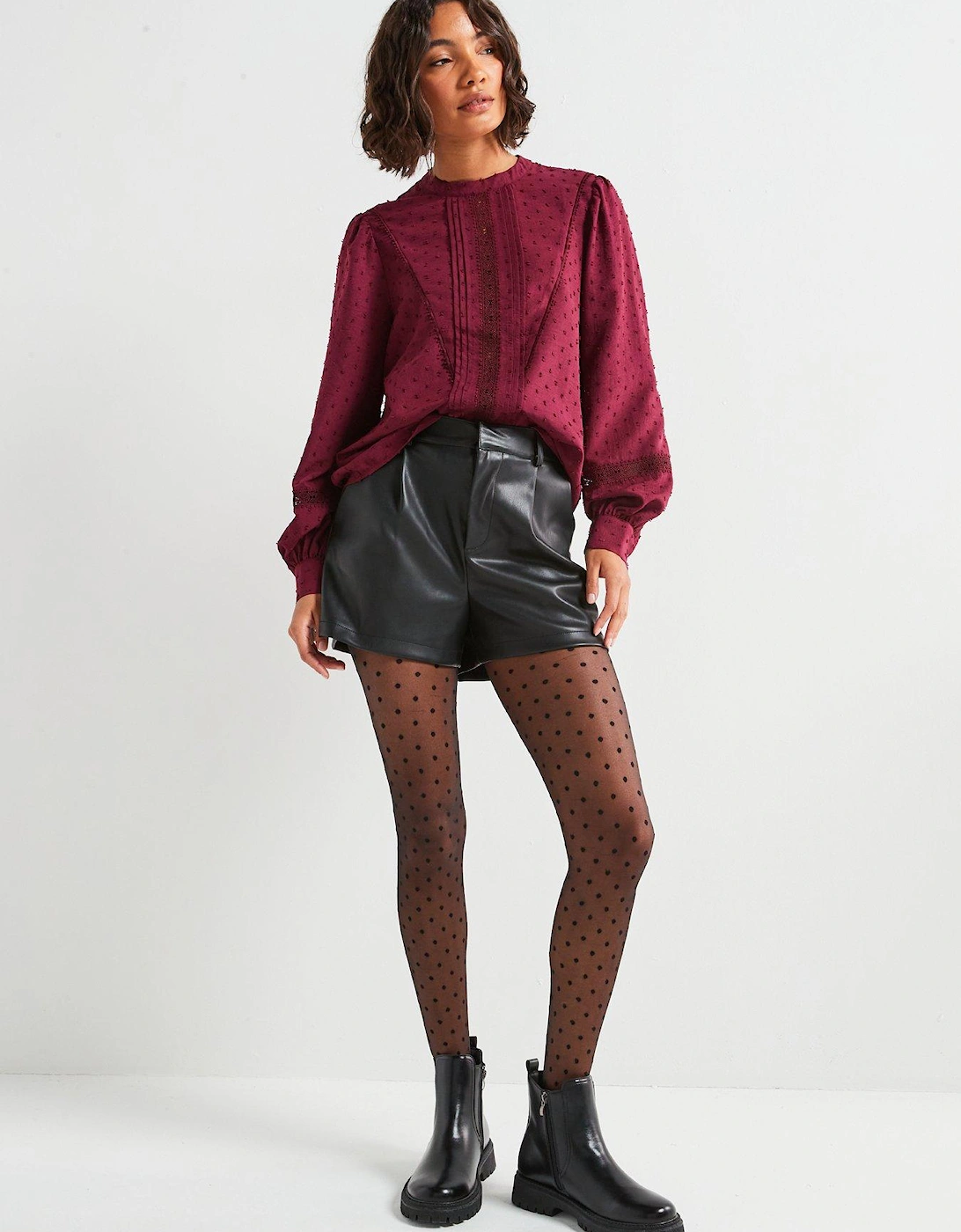 Dobby Lace High Neck Blouse - Maroon