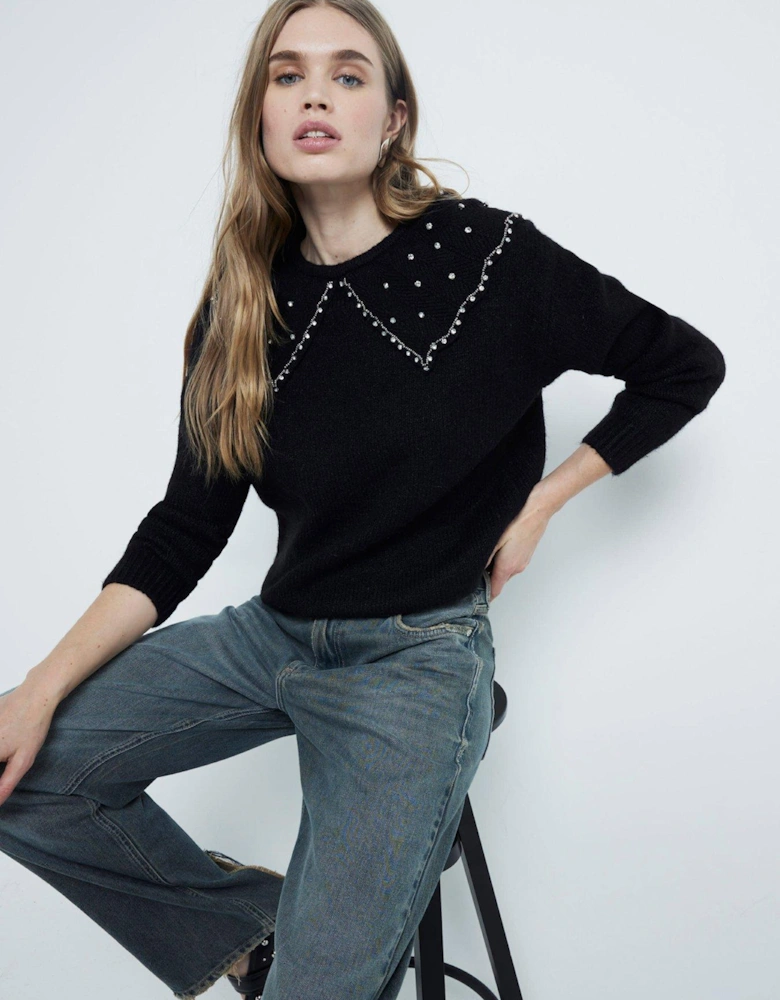 Ultimate Embellished Collar Jumper - Black