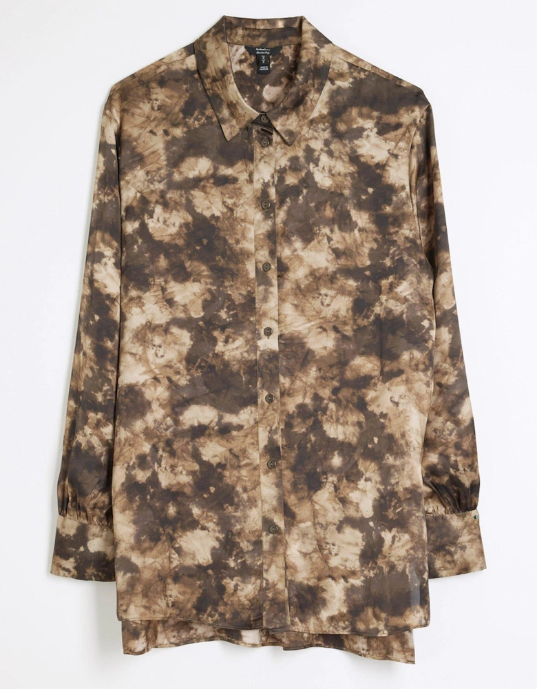 Satin Printed Longline Shirt - Brown