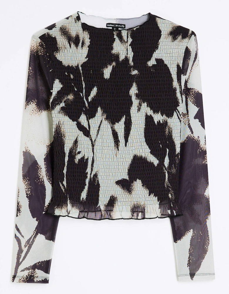 Printed Mesh Shirred Top - Black