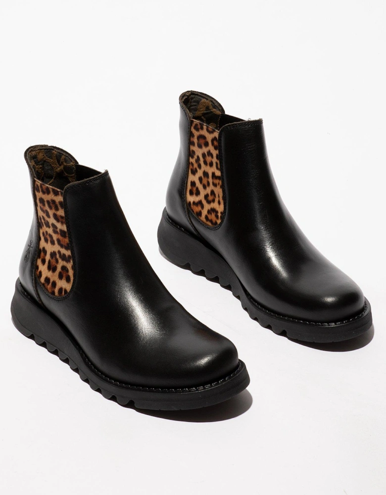 Black With Leopard Taupe Elastic Ankle Boot