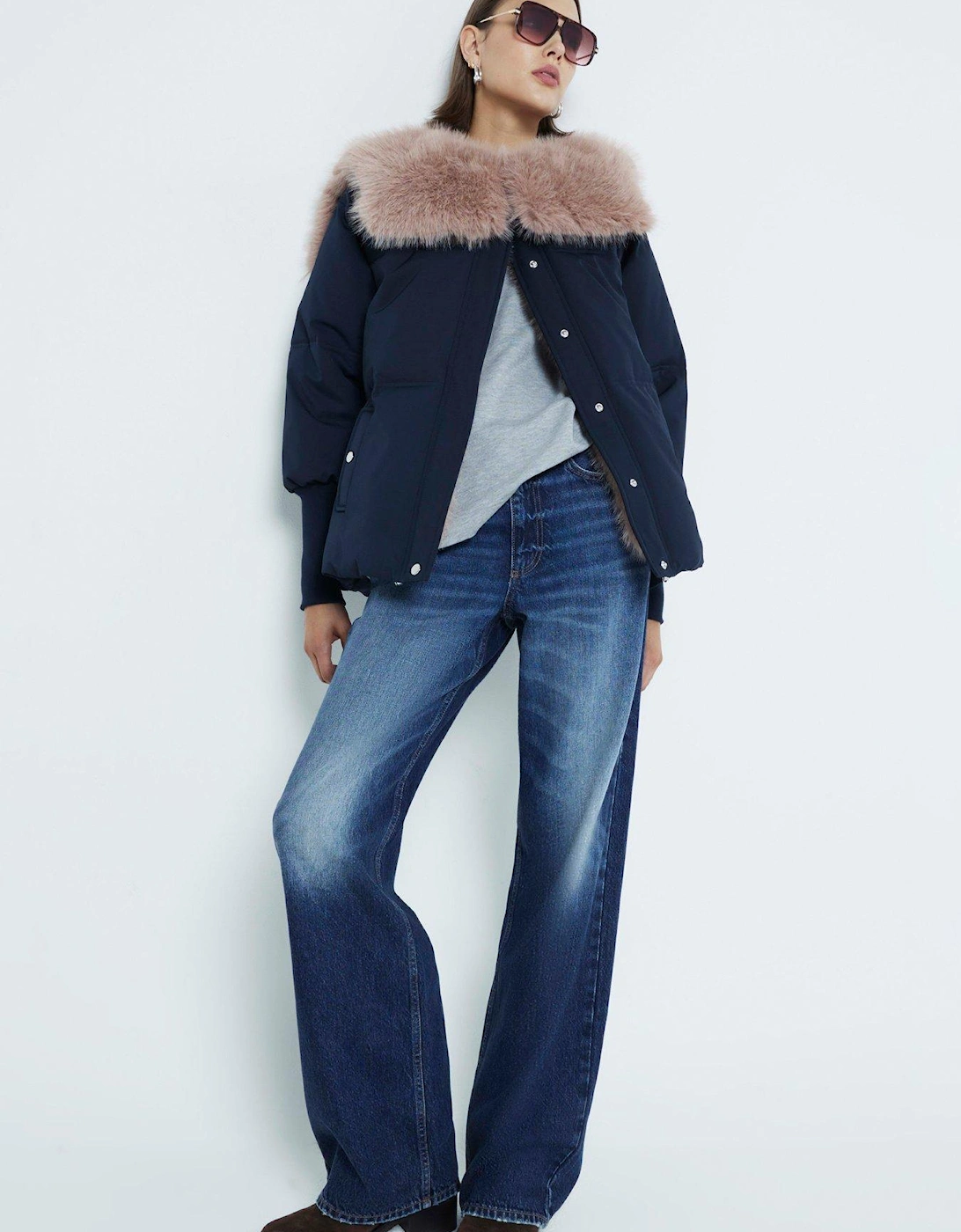 Padded Faux Fur Collar Jacket - Navy