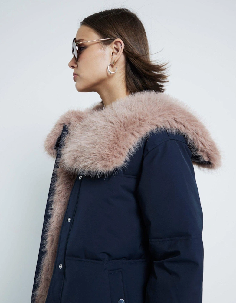 Padded Faux Fur Collar Jacket - Navy