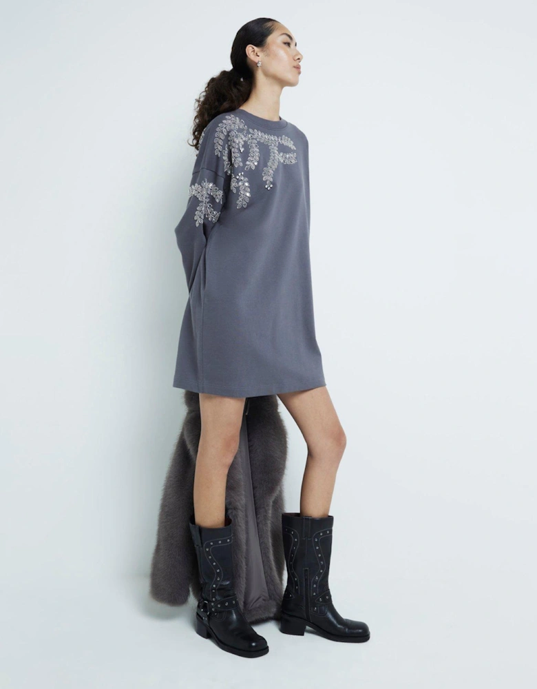 Washed Embellished Leaf Sweat Dress - Dark Grey