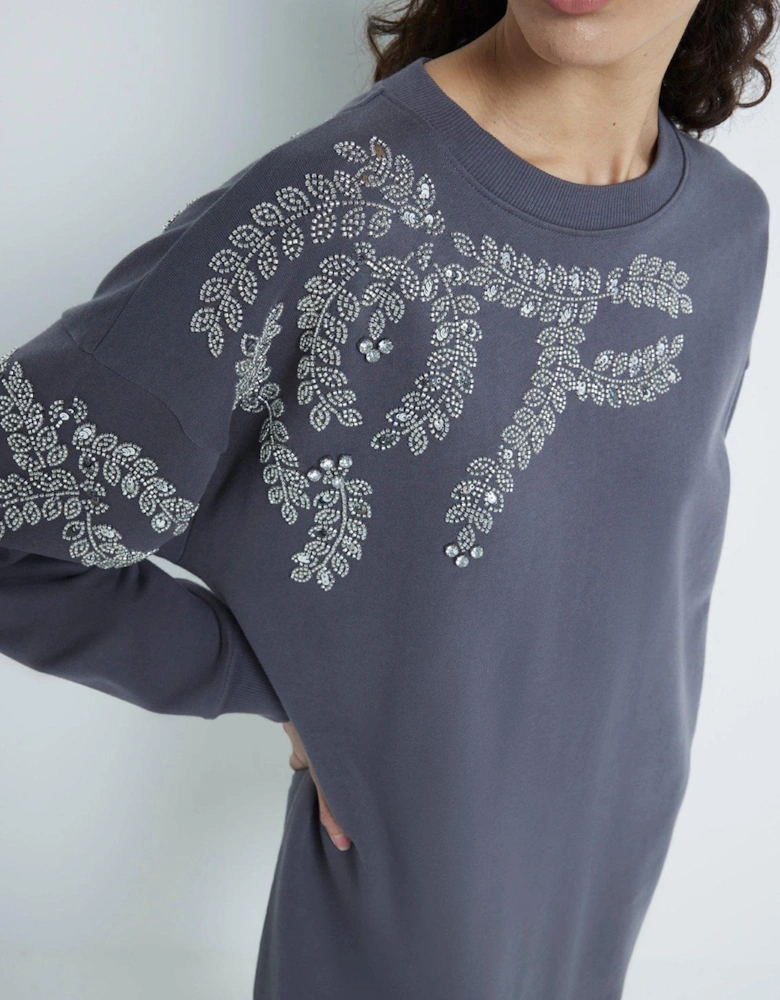 Washed Embellished Leaf Sweat Dress - Dark Grey